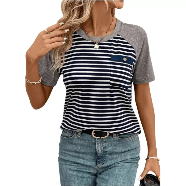 SweatyRocks Women's Casual Striped Print Short Raglan Sleeve Tee Shirt Round Neck Basic Tops with Pocket