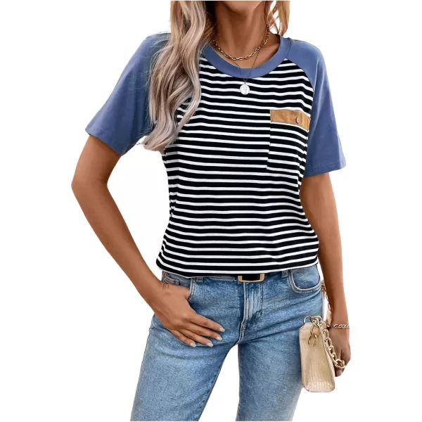 SweatyRocks Women's Casual Striped Print Short Raglan Sleeve Tee Shirt Round Neck Basic Tops with Pocket
