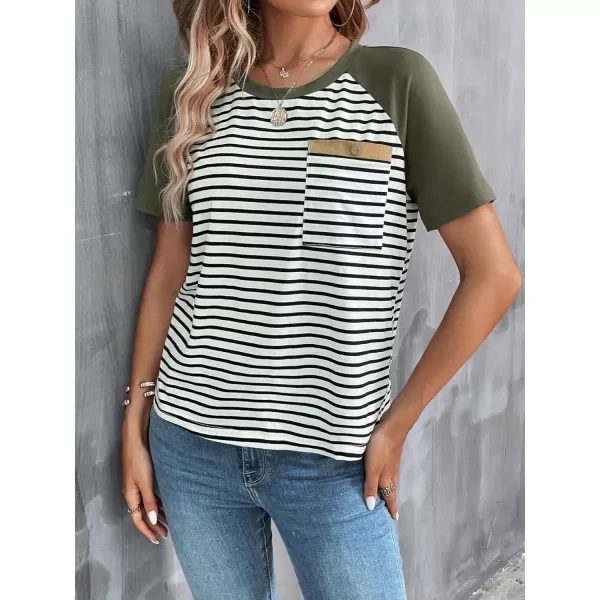 SweatyRocks Women's Casual Striped Print Short Raglan Sleeve Tee Shirt Round Neck Basic Tops with Pocket