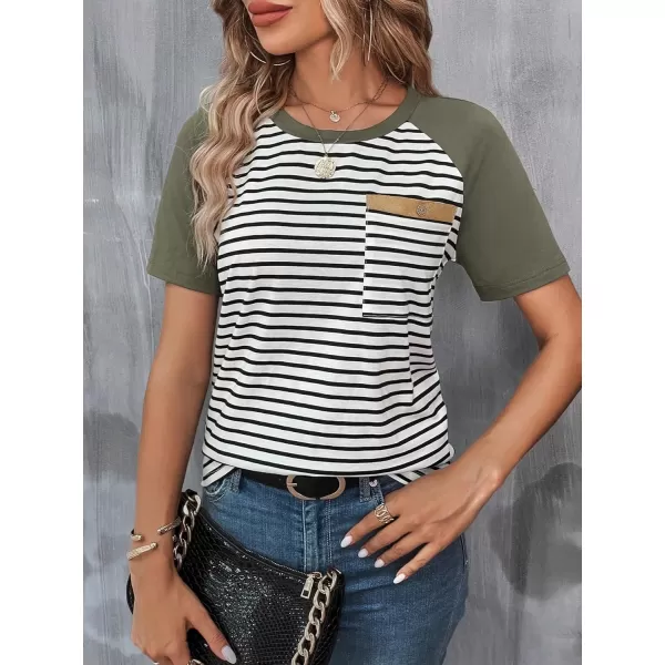 SweatyRocks Women's Casual Striped Print Short Raglan Sleeve Tee Shirt Round Neck Basic Tops with Pocket