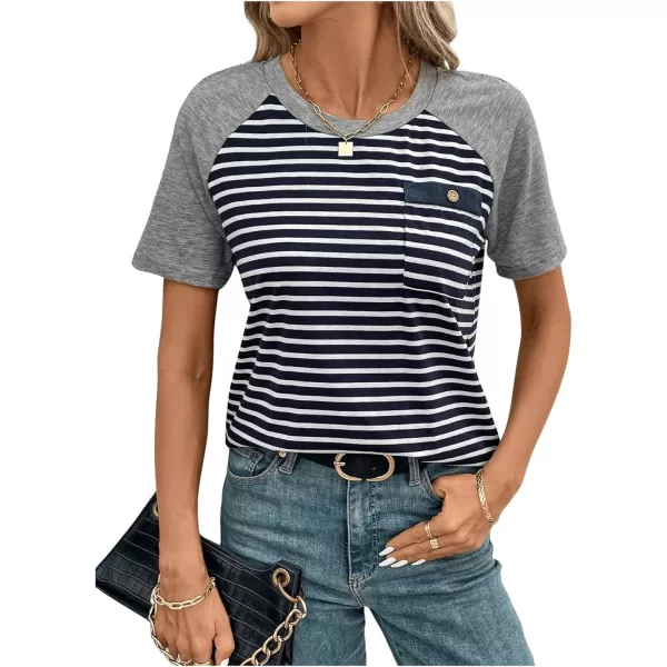 SweatyRocks Women's Casual Striped Print Short Raglan Sleeve Tee Shirt Round Neck Basic Tops with Pocket