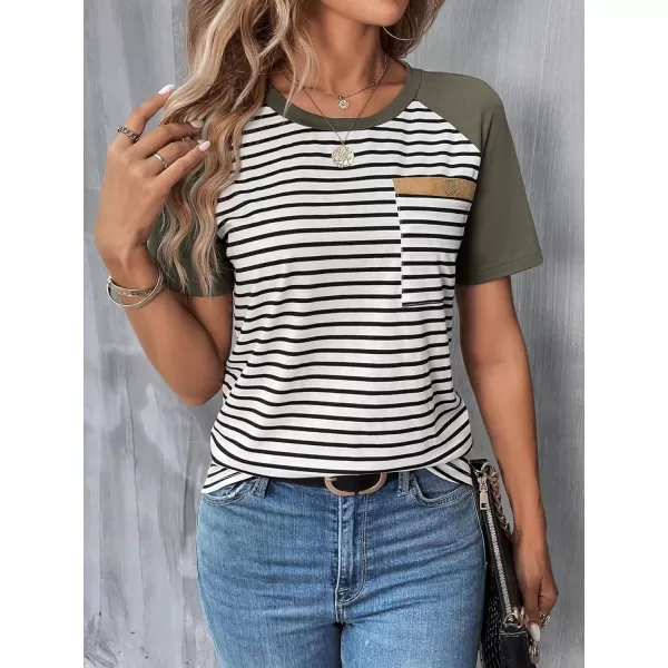 SweatyRocks Women's Casual Striped Print Short Raglan Sleeve Tee Shirt Round Neck Basic Tops with Pocket