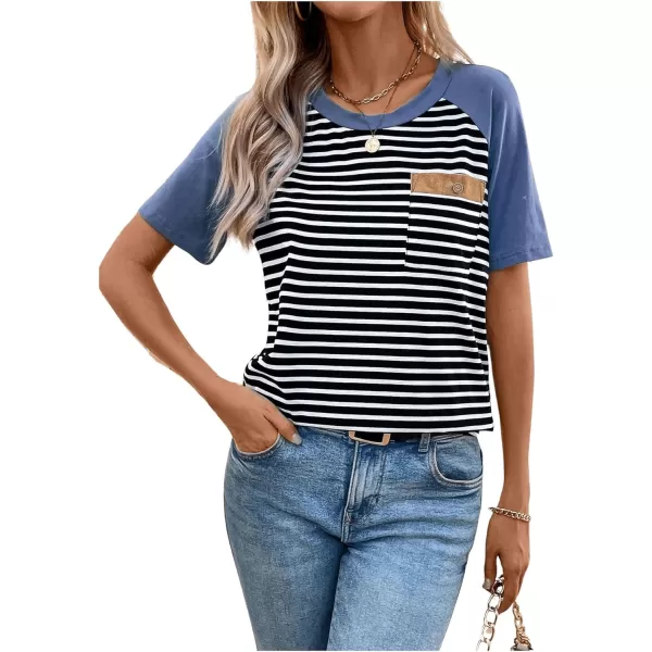 SweatyRocks Women's Casual Striped Print Short Raglan Sleeve Tee Shirt Round Neck Basic Tops with Pocket