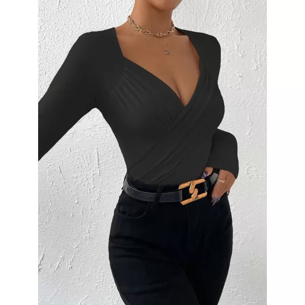 SweatyRocks Women's Casual Sweetheart Neck Long Sleeve Bodysuit Top Wrap Ruched Slim Fit Bodysuit Jumpsuit