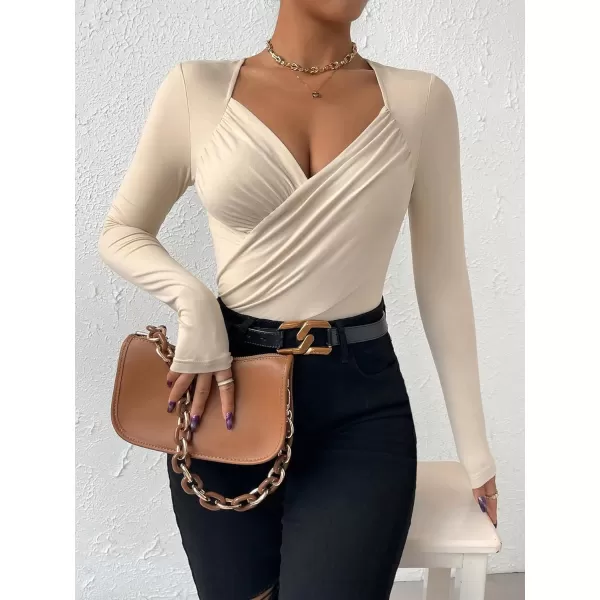 SweatyRocks Women's Casual Sweetheart Neck Long Sleeve Bodysuit Top Wrap Ruched Slim Fit Bodysuit Jumpsuit