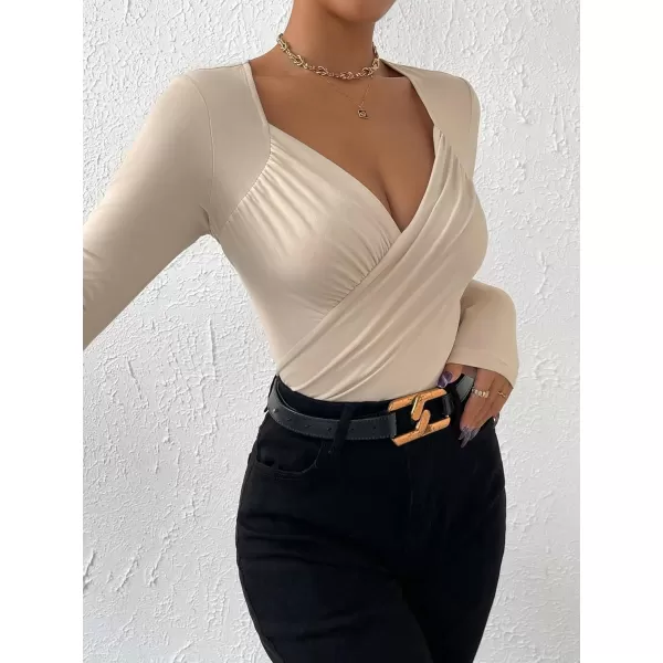 SweatyRocks Women's Casual Sweetheart Neck Long Sleeve Bodysuit Top Wrap Ruched Slim Fit Bodysuit Jumpsuit