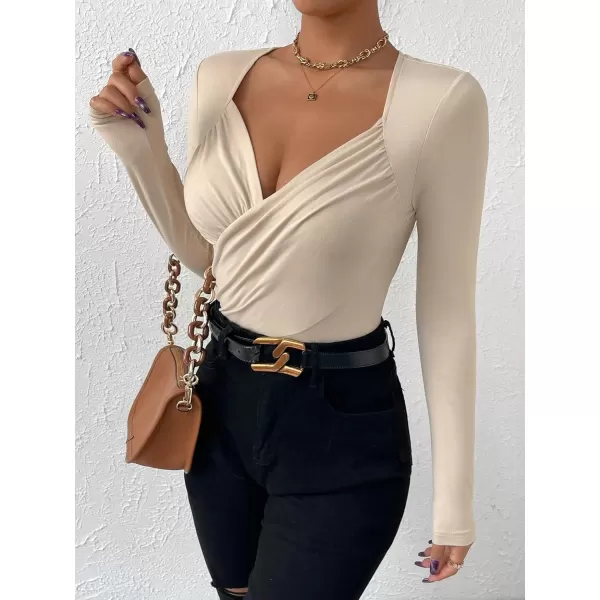 SweatyRocks Women's Casual Sweetheart Neck Long Sleeve Bodysuit Top Wrap Ruched Slim Fit Bodysuit Jumpsuit
