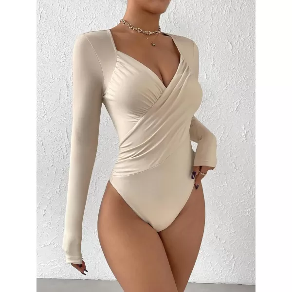 SweatyRocks Women's Casual Sweetheart Neck Long Sleeve Bodysuit Top Wrap Ruched Slim Fit Bodysuit Jumpsuit