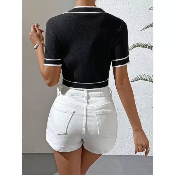SweatyRocks Women's Casual V Neck Short Sleeve Cardigan Button Front Slim Fit Crop Knit Top
