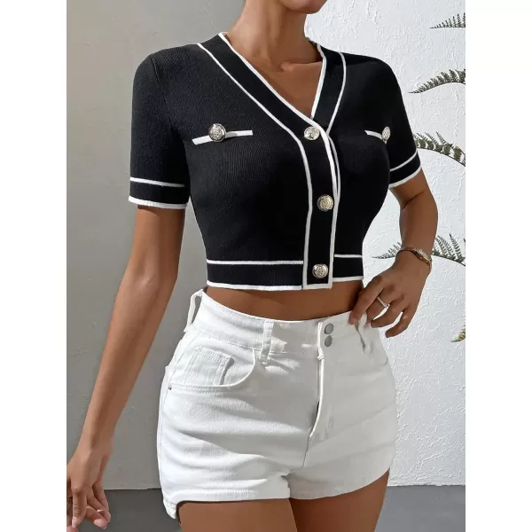 SweatyRocks Women's Casual V Neck Short Sleeve Cardigan Button Front Slim Fit Crop Knit Top