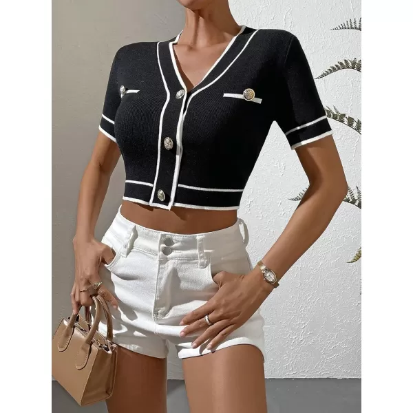 SweatyRocks Women's Casual V Neck Short Sleeve Cardigan Button Front Slim Fit Crop Knit Top