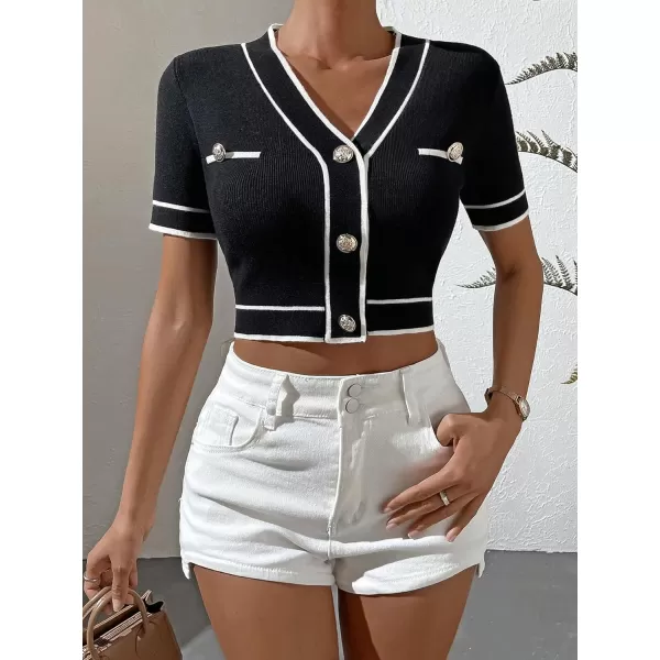 SweatyRocks Women's Casual V Neck Short Sleeve Cardigan Button Front Slim Fit Crop Knit Top