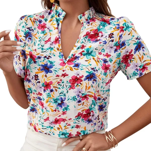 SweatyRocks Women's Casual V Neck Short Sleeve Frill Trim Blouse Shirt Top