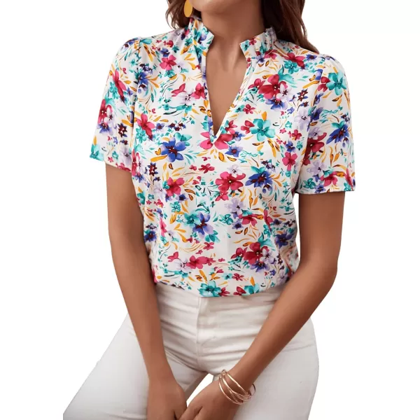 SweatyRocks Women's Casual V Neck Short Sleeve Frill Trim Blouse Shirt Top