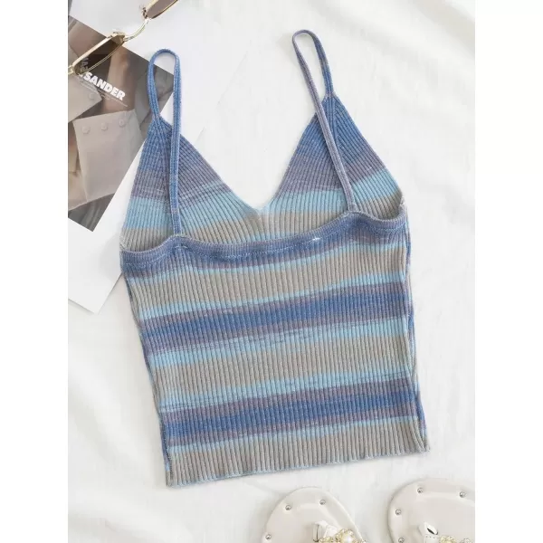 SweatyRocks Women's Casual V Neck Striped Ribbed Knit Crop Top Sleeveless Spaghetti Strap Cami Top