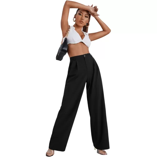 SweatyRocks Women's Casual Wide Leg High Waisted Button Down Straight Long Trousers Pants