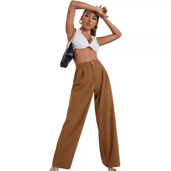SweatyRocks Women's Casual Wide Leg High Waisted Button Down Straight Long Trousers Pants
