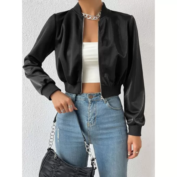 SweatyRocks Women's Casual Zip Up Long Sleeve Cropped Jackets Solid Outwear Coat Bomber Jacket