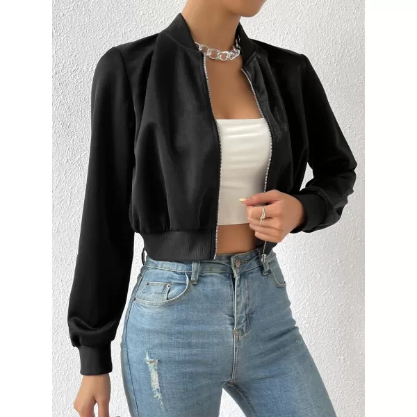 SweatyRocks Women's Casual Zip Up Long Sleeve Cropped Jackets Solid Outwear Coat Bomber Jacket