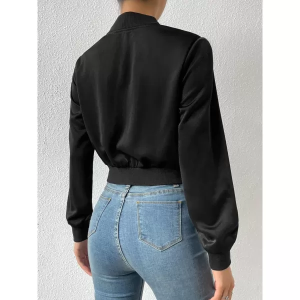 SweatyRocks Women's Casual Zip Up Long Sleeve Cropped Jackets Solid Outwear Coat Bomber Jacket
