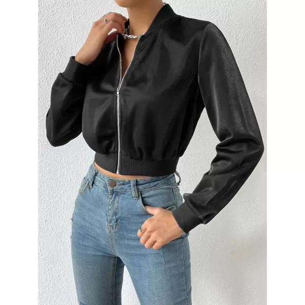 SweatyRocks Women's Casual Zip Up Long Sleeve Cropped Jackets Solid Outwear Coat Bomber Jacket
