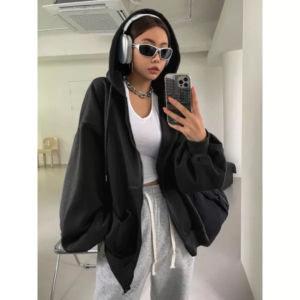 SweatyRocks Women's Causal Drop Shoulder Long Sleeve Sweatshirts Oversized Full Zip Solid Hoodie with Pocket