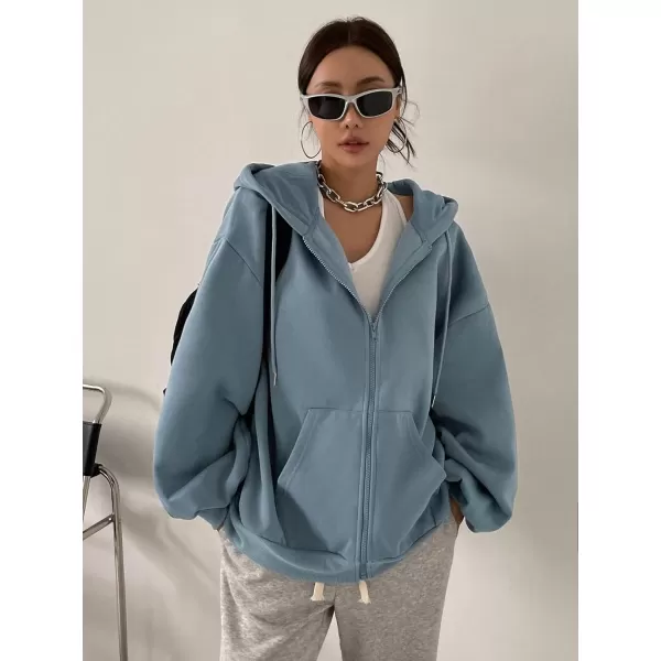 SweatyRocks Women's Causal Drop Shoulder Long Sleeve Sweatshirts Oversized Full Zip Solid Hoodie with Pocket