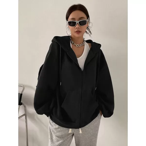 SweatyRocks Women's Causal Drop Shoulder Long Sleeve Sweatshirts Oversized Full Zip Solid Hoodie with Pocket