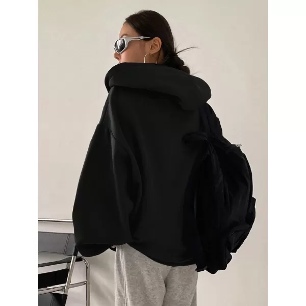 SweatyRocks Women's Causal Drop Shoulder Long Sleeve Sweatshirts Oversized Full Zip Solid Hoodie with Pocket
