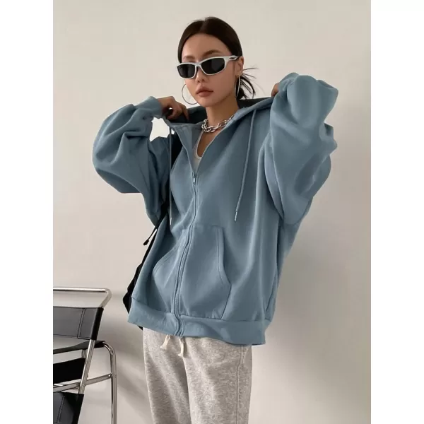 SweatyRocks Women's Causal Drop Shoulder Long Sleeve Sweatshirts Oversized Full Zip Solid Hoodie with Pocket