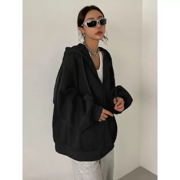 SweatyRocks Women's Causal Drop Shoulder Long Sleeve Sweatshirts Oversized Full Zip Solid Hoodie with Pocket