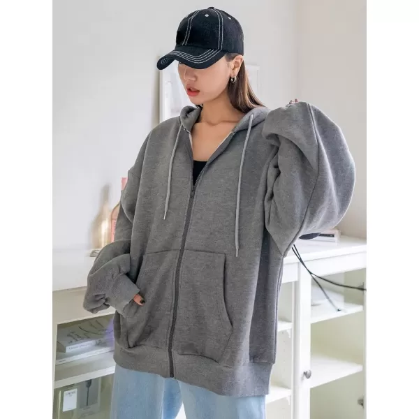 SweatyRocks Women's Causal Drop Shoulder Long Sleeve Sweatshirts Oversized Full Zip Solid Hoodie with Pocket