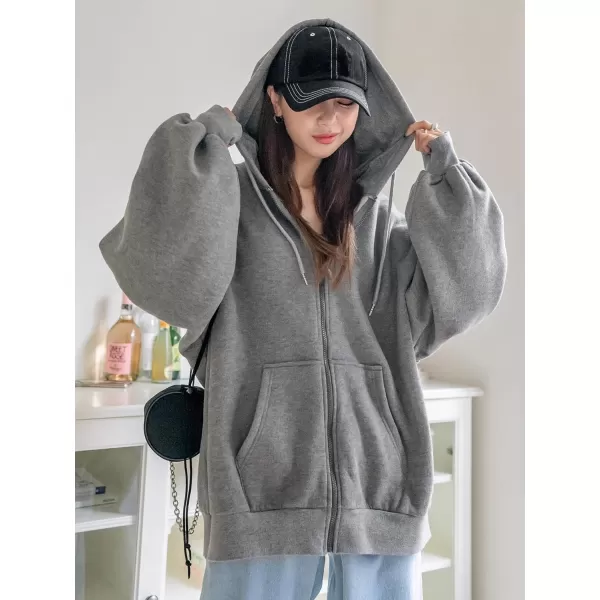 SweatyRocks Women's Causal Drop Shoulder Long Sleeve Sweatshirts Oversized Full Zip Solid Hoodie with Pocket