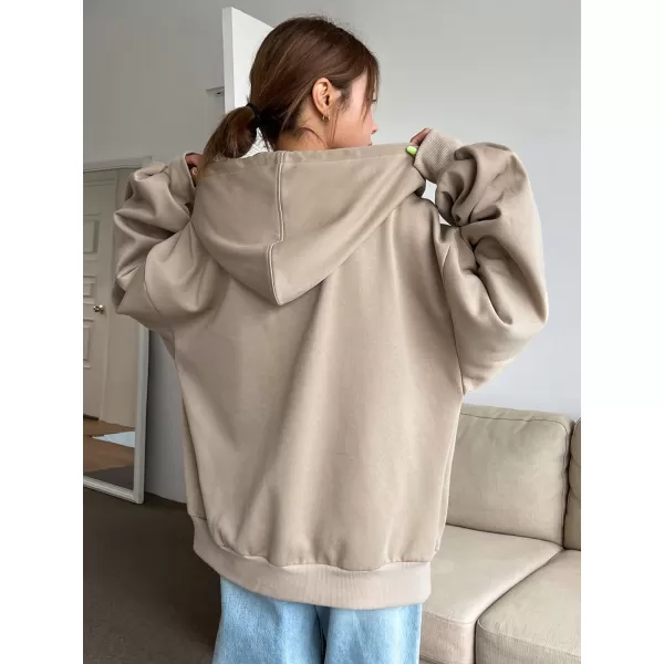 SweatyRocks Women's Causal Drop Shoulder Long Sleeve Sweatshirts Oversized Full Zip Solid Hoodie with Pocket