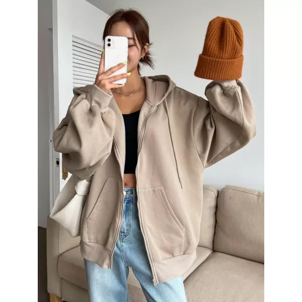SweatyRocks Women's Causal Drop Shoulder Long Sleeve Sweatshirts Oversized Full Zip Solid Hoodie with Pocket