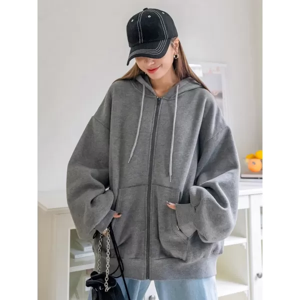 SweatyRocks Women's Causal Drop Shoulder Long Sleeve Sweatshirts Oversized Full Zip Solid Hoodie with Pocket