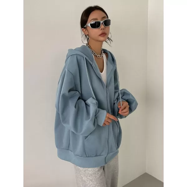 SweatyRocks Women's Causal Drop Shoulder Long Sleeve Sweatshirts Oversized Full Zip Solid Hoodie with Pocket