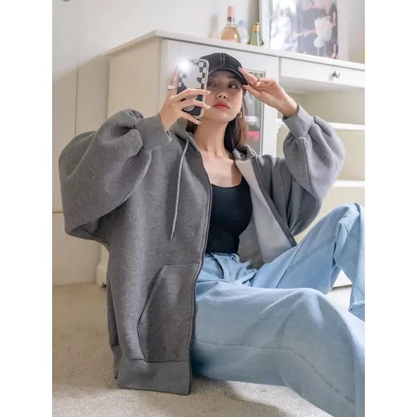SweatyRocks Women's Causal Drop Shoulder Long Sleeve Sweatshirts Oversized Full Zip Solid Hoodie with Pocket