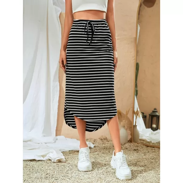 SweatyRocks Women's Causal High Waist Midi Skirt Drawstring Solid Athletic Skirt with Pockets