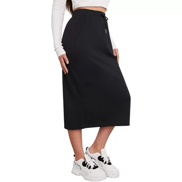 SweatyRocks Women's Causal High Waist Midi Skirt Drawstring Solid Athletic Skirt with Pockets