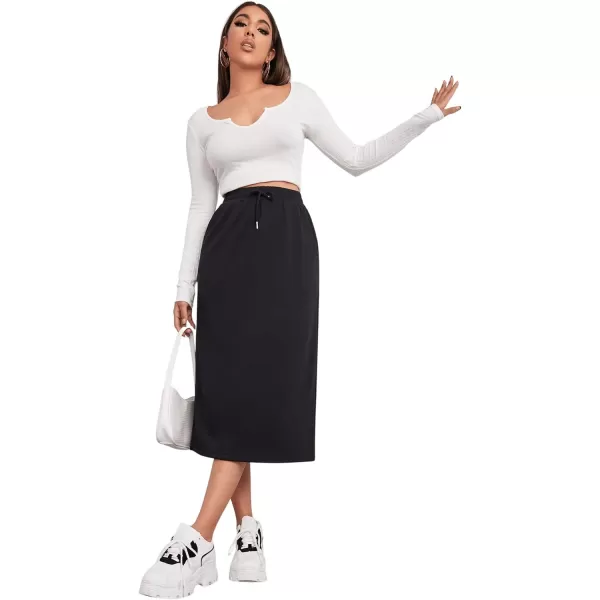 SweatyRocks Women's Causal High Waist Midi Skirt Drawstring Solid Athletic Skirt with Pockets