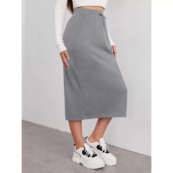 SweatyRocks Women's Causal High Waist Midi Skirt Drawstring Solid Athletic Skirt with Pockets