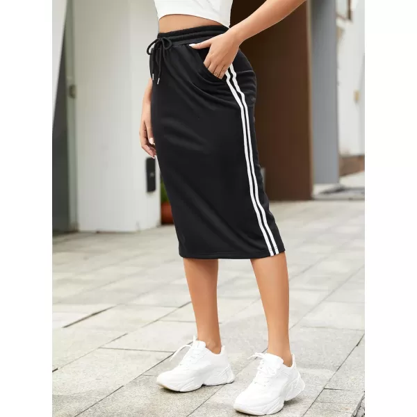 SweatyRocks Women's Causal High Waist Midi Skirt Drawstring Solid Athletic Skirt with Pockets