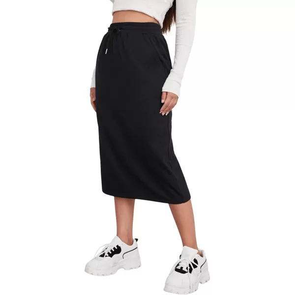 SweatyRocks Women's Causal High Waist Midi Skirt Drawstring Solid Athletic Skirt with Pockets