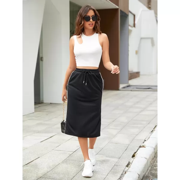 SweatyRocks Women's Causal High Waist Midi Skirt Drawstring Solid Athletic Skirt with Pockets