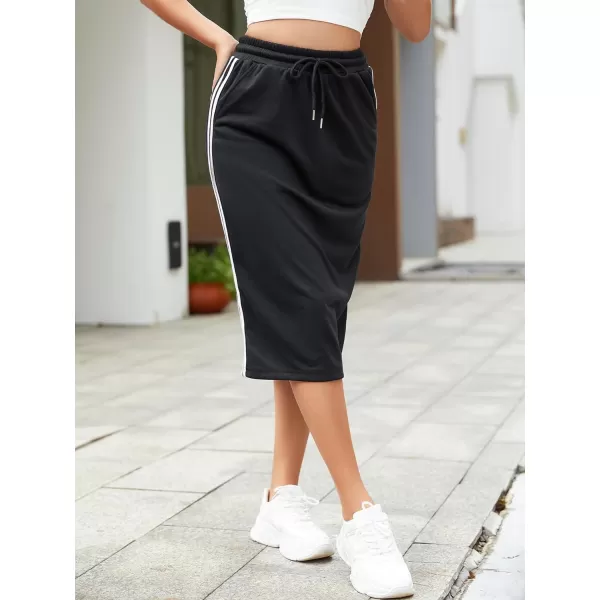 SweatyRocks Women's Causal High Waist Midi Skirt Drawstring Solid Athletic Skirt with Pockets