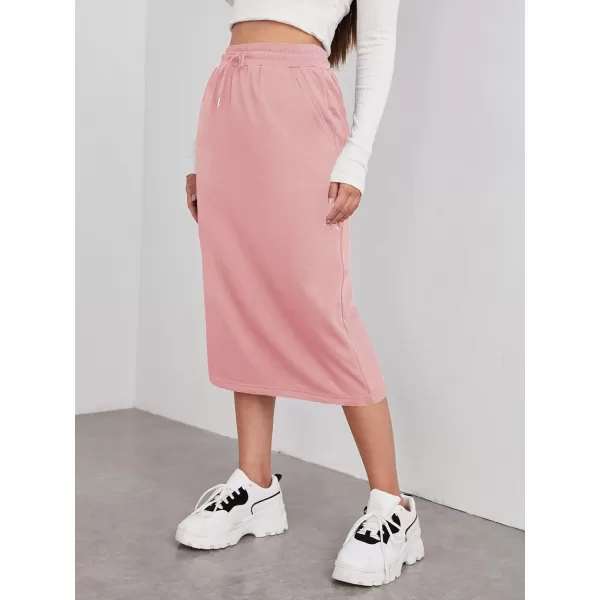 SweatyRocks Women's Causal High Waist Midi Skirt Drawstring Solid Athletic Skirt with Pockets
