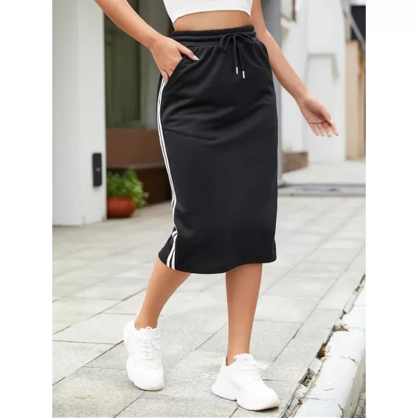 SweatyRocks Women's Causal High Waist Midi Skirt Drawstring Solid Athletic Skirt with Pockets