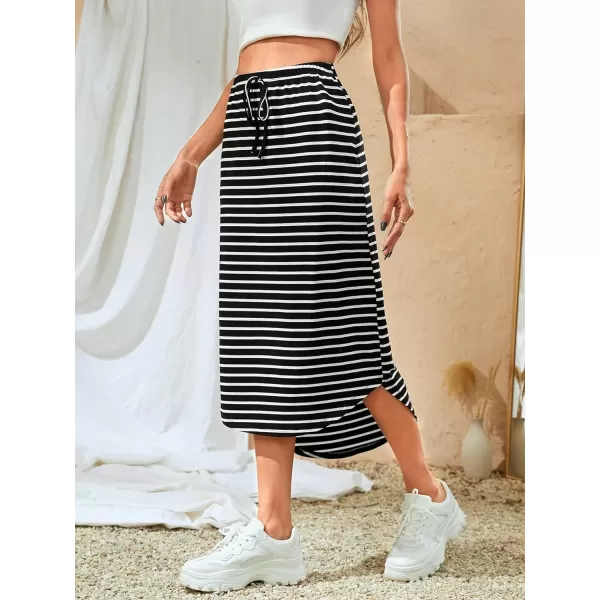 SweatyRocks Women's Causal High Waist Midi Skirt Drawstring Solid Athletic Skirt with Pockets
