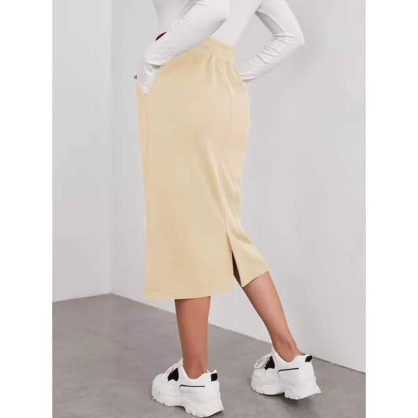 SweatyRocks Women's Causal High Waist Midi Skirt Drawstring Solid Athletic Skirt with Pockets